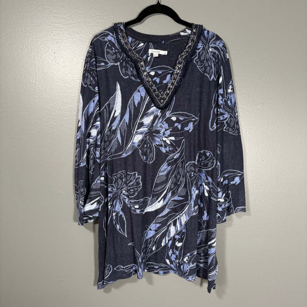Chico's Blue Linen Boho Beaded Fringe Tunic Top - 4 (XXL) - Women's Plus Size